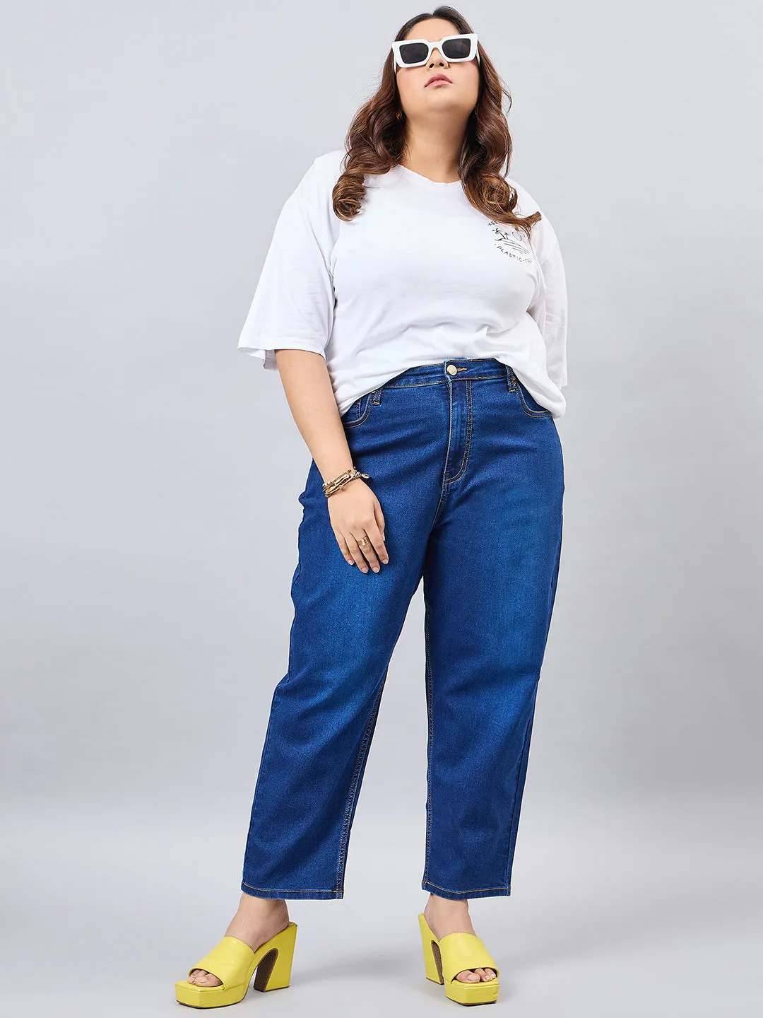Style Quotient Women Plus Size Dark Blue Mom Fit High Rise Stretchable Jeans