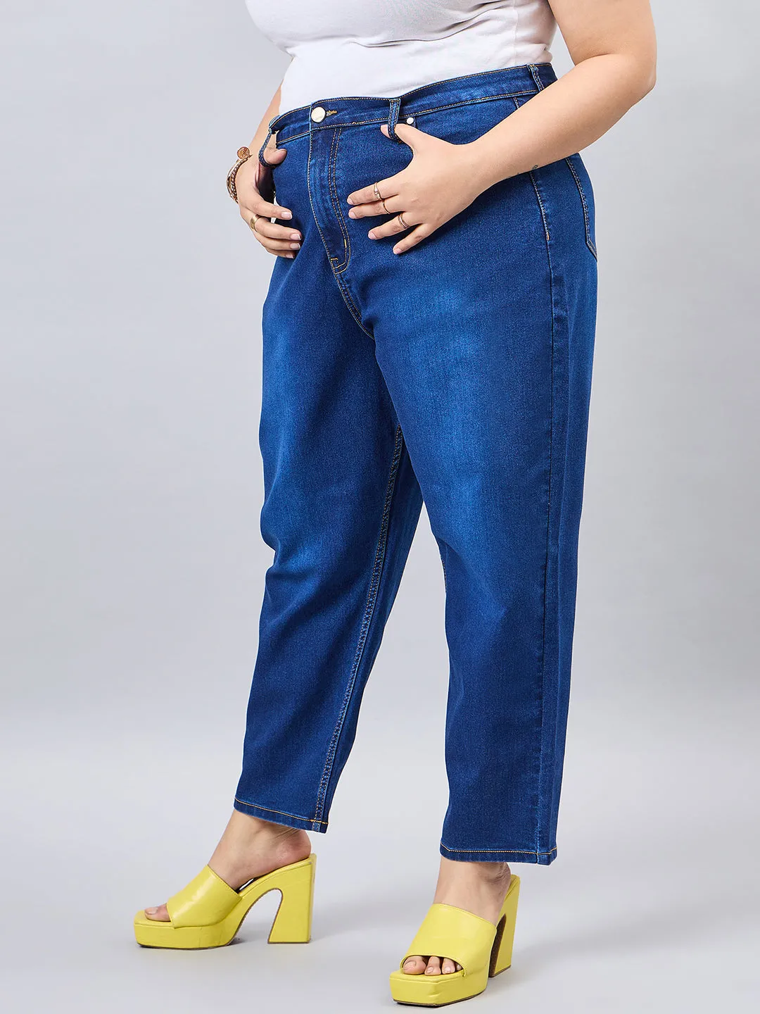 Style Quotient Women Plus Size Dark Blue Mom Fit High Rise Stretchable Jeans