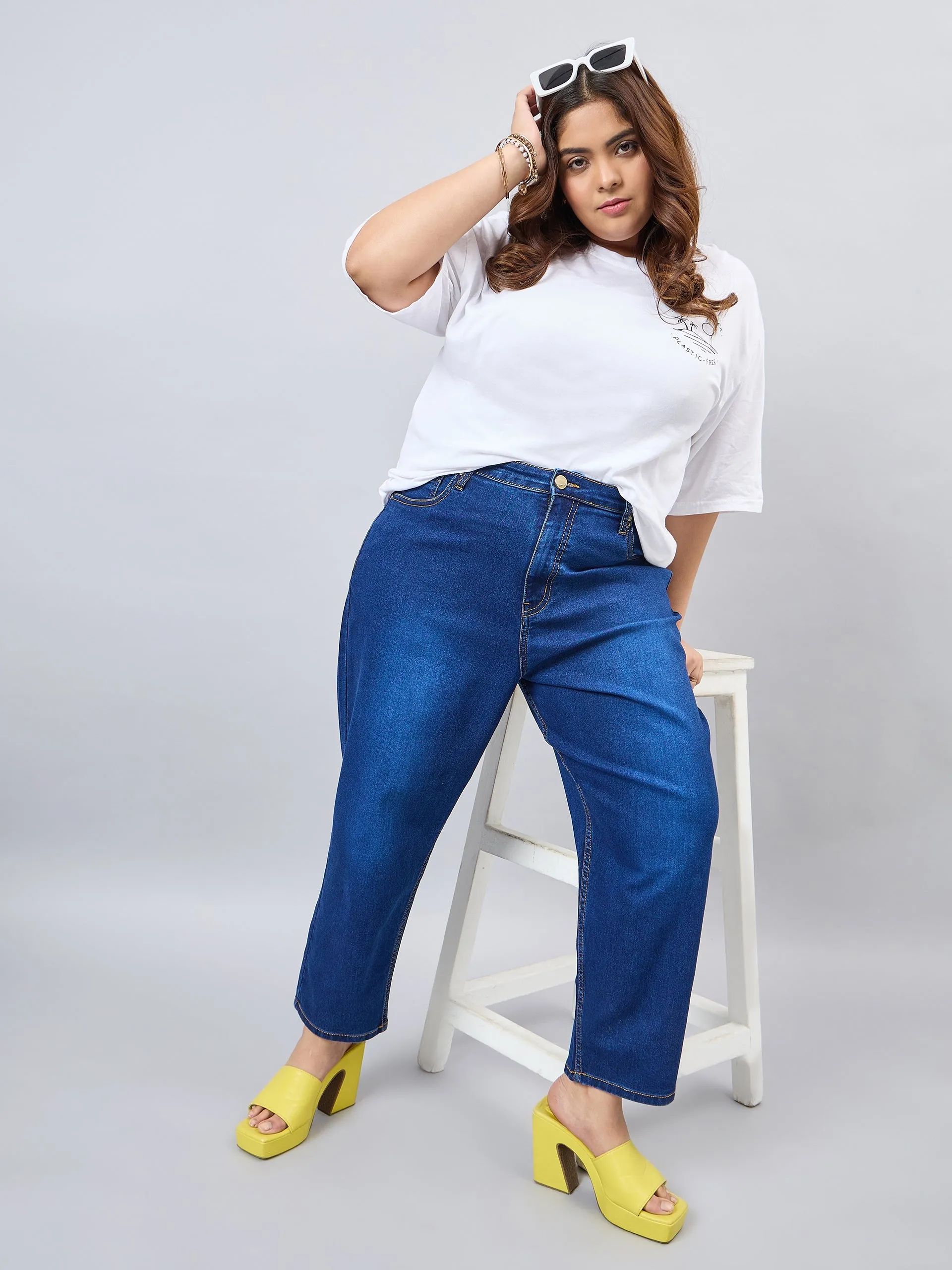 Style Quotient Women Plus Size Dark Blue Mom Fit High Rise Stretchable Jeans
