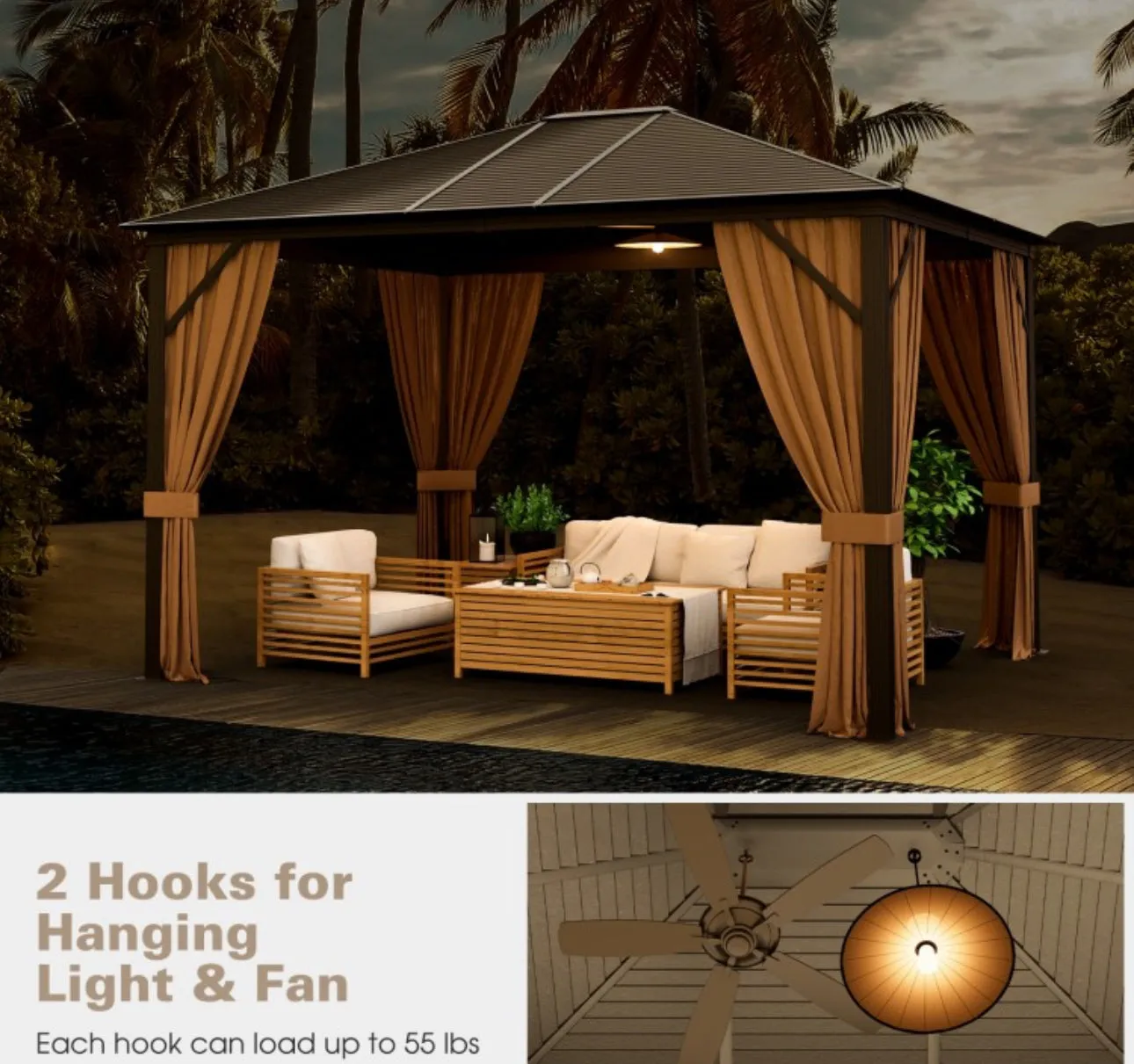 Super Duty Elegant Patio Outdoor Hardtop Gazebo Canopy With Galvanized Steel Top & Netting 12x10ft | 8.5ft High | All Season | Brown
