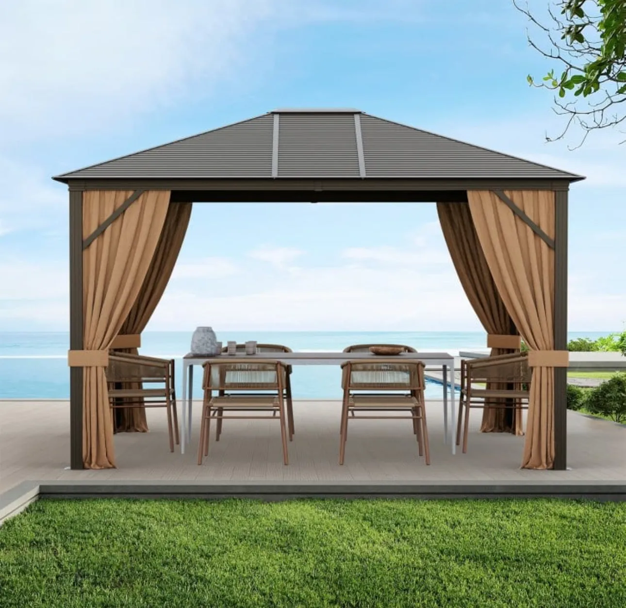 Super Duty Elegant Patio Outdoor Hardtop Gazebo Canopy With Galvanized Steel Top & Netting 12x10ft | 8.5ft High | All Season | Brown