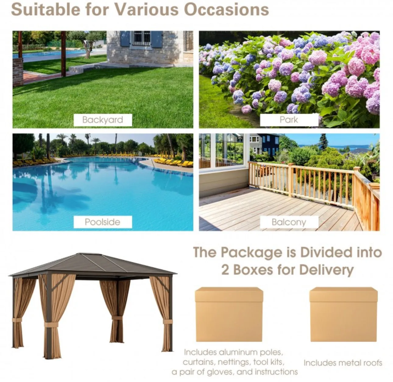 Super Duty Elegant Patio Outdoor Hardtop Gazebo Canopy With Galvanized Steel Top & Netting 12x10ft | 8.5ft High | All Season | Brown