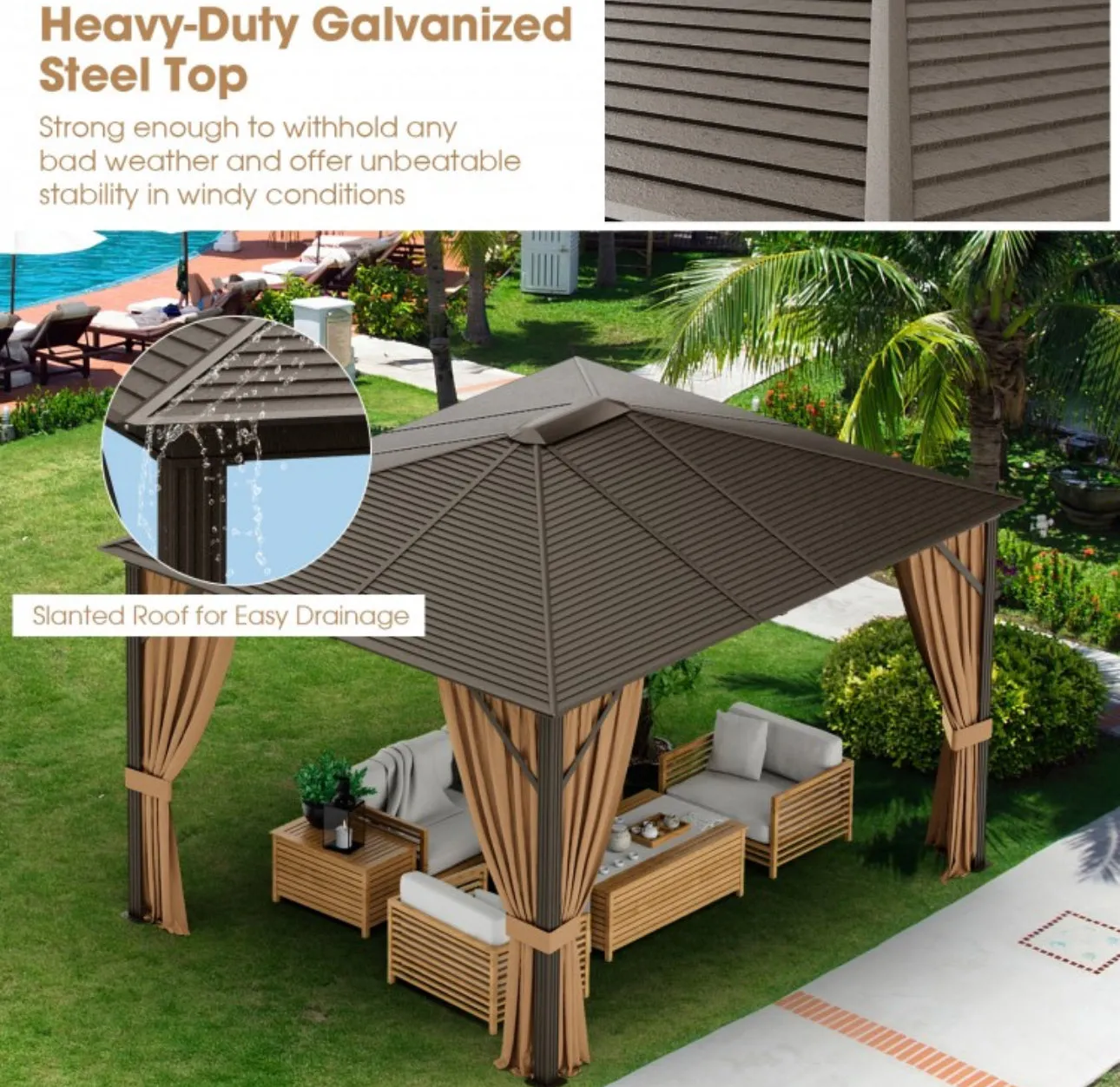 Super Duty Elegant Patio Outdoor Hardtop Gazebo Canopy With Galvanized Steel Top & Netting 12x10ft | 8.5ft High | All Season | Brown