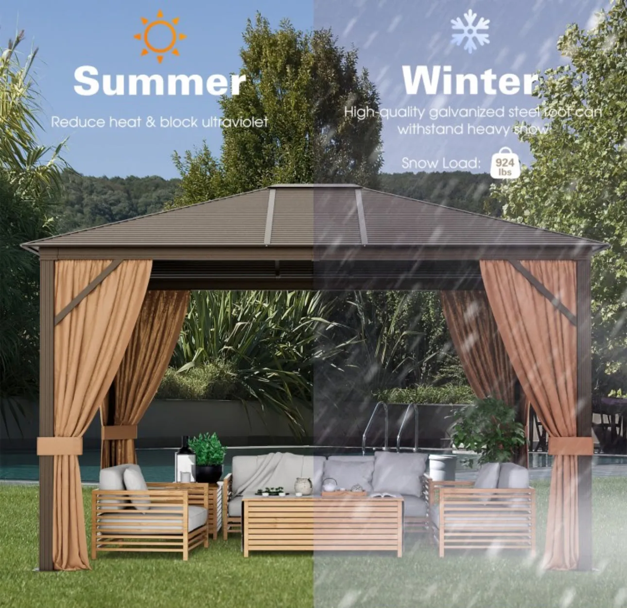 Super Duty Elegant Patio Outdoor Hardtop Gazebo Canopy With Galvanized Steel Top & Netting 12x10ft | 8.5ft High | All Season | Brown