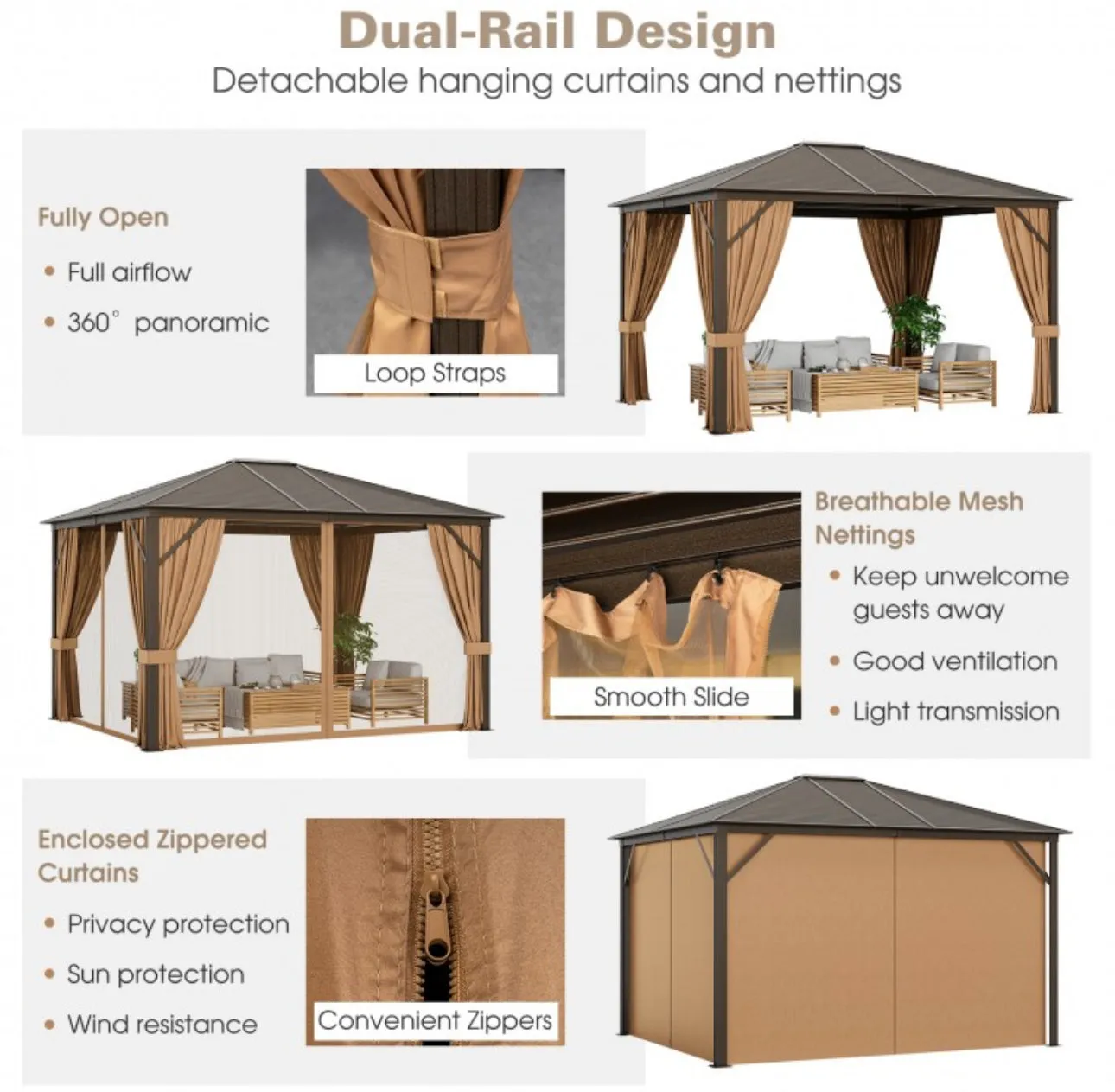 Super Duty Elegant Patio Outdoor Hardtop Gazebo Canopy With Galvanized Steel Top & Netting 12x10ft | 8.5ft High | All Season | Brown