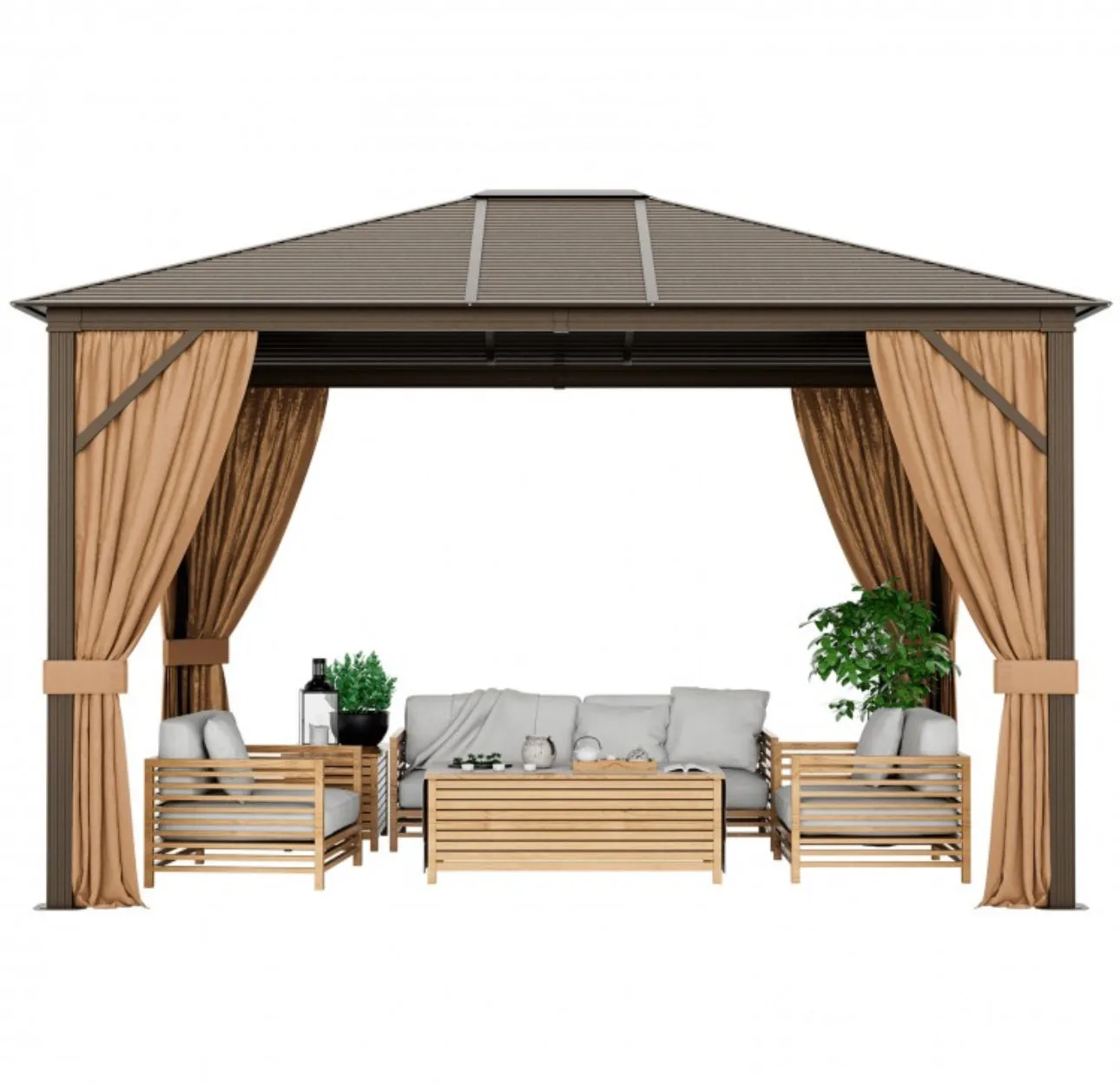 Super Duty Elegant Patio Outdoor Hardtop Gazebo Canopy With Galvanized Steel Top & Netting 12x10ft | 8.5ft High | All Season | Brown