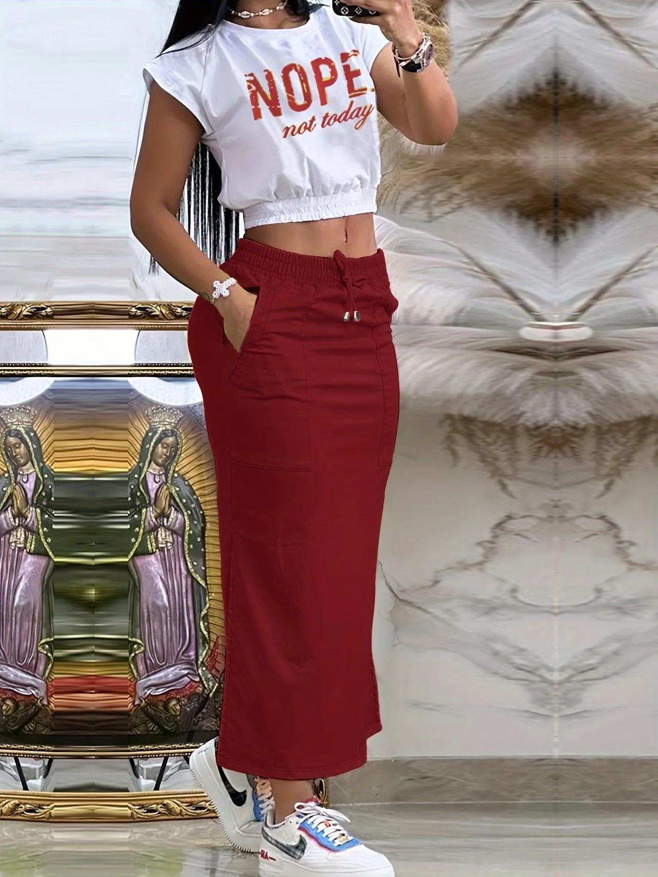 Trendy Graphic Crop Top and Drawstring Midi Skirt Two-Piece Set