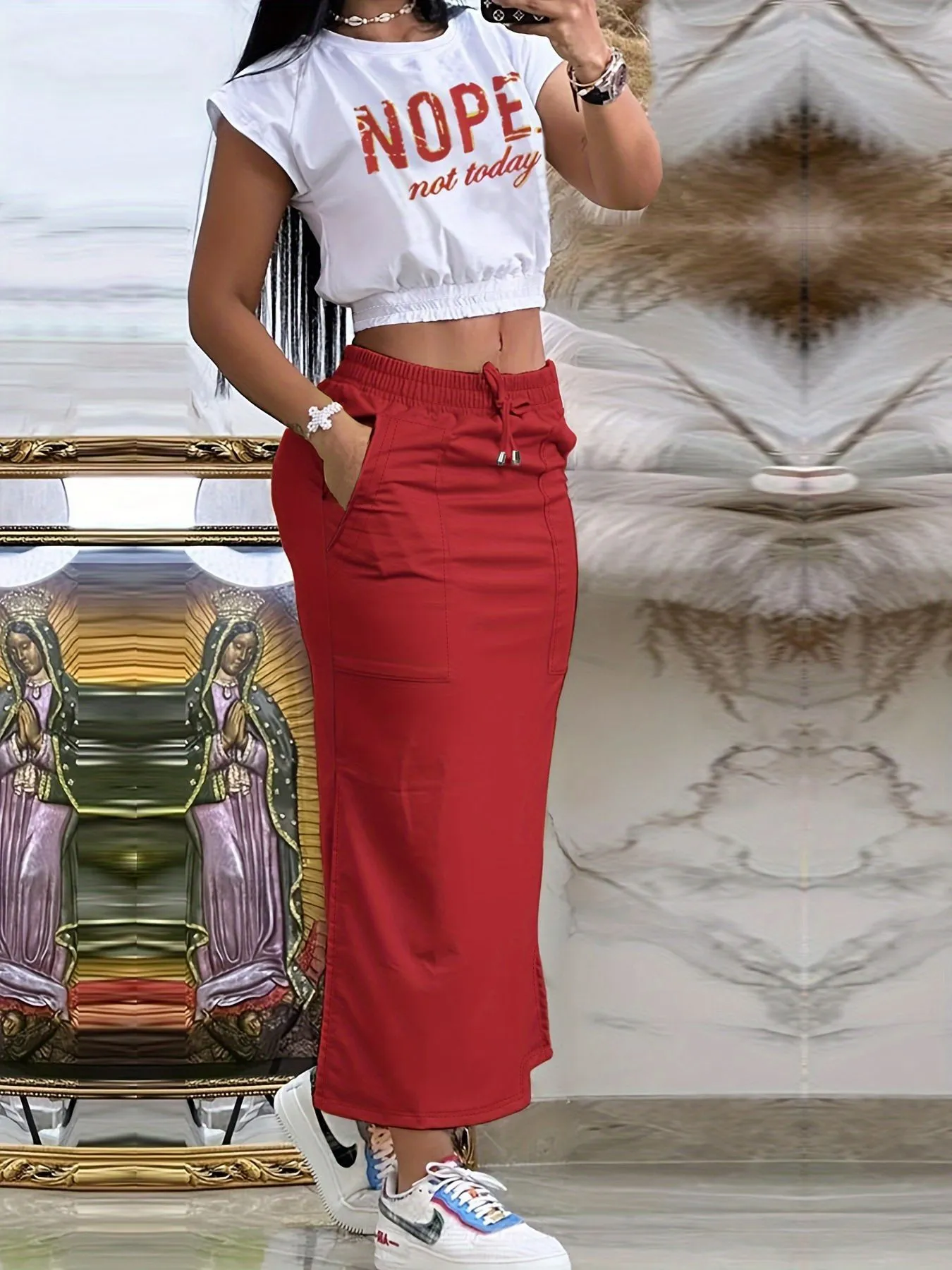 Trendy Graphic Crop Top and Drawstring Midi Skirt Two-Piece Set