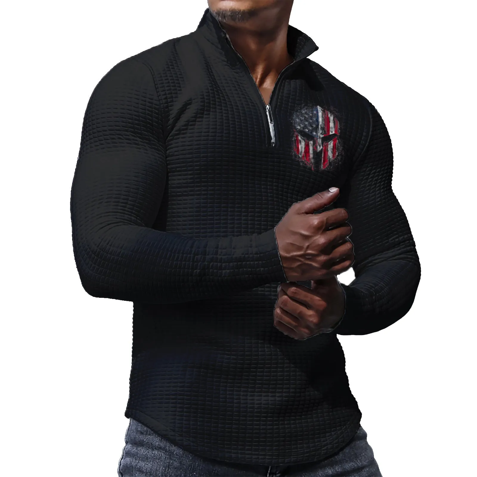 USA FLAG HELMET  MID-WEIGHT STAND COLLAR WAFFLE ZIPPER SWEATSHIRT