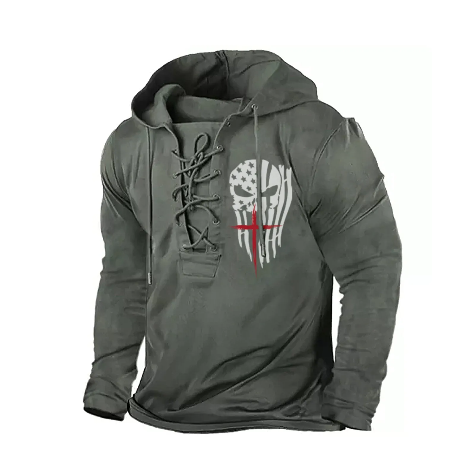USA FLAG SKULL CROSS  GRAPHIC PULLOVER BANDAGE HOODIE