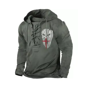 USA FLAG SKULL CROSS  GRAPHIC PULLOVER BANDAGE HOODIE
