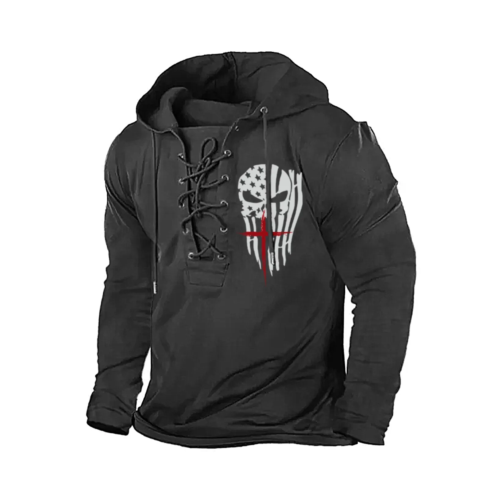 USA FLAG SKULL CROSS  GRAPHIC PULLOVER BANDAGE HOODIE