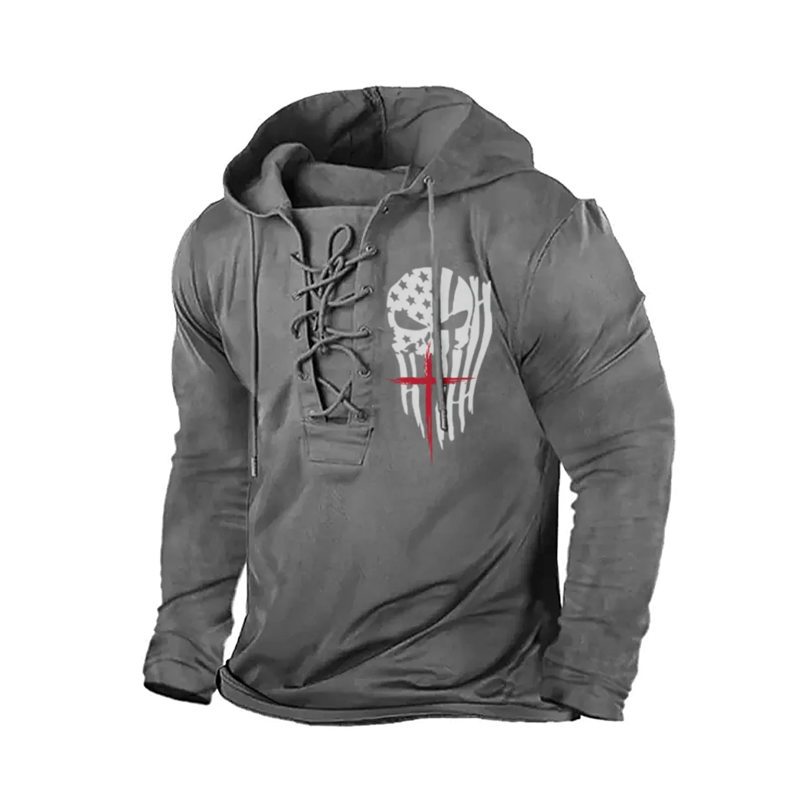 USA FLAG SKULL CROSS  GRAPHIC PULLOVER BANDAGE HOODIE