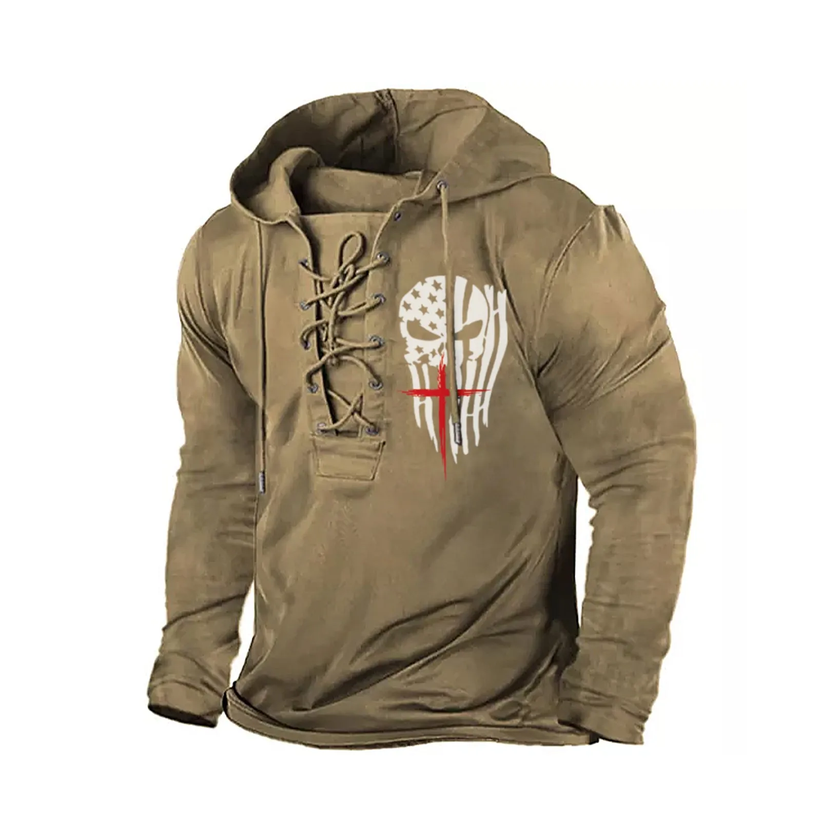 USA FLAG SKULL CROSS  GRAPHIC PULLOVER BANDAGE HOODIE