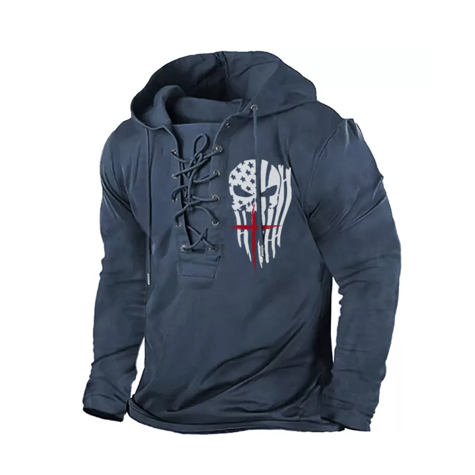 USA FLAG SKULL CROSS  GRAPHIC PULLOVER BANDAGE HOODIE
