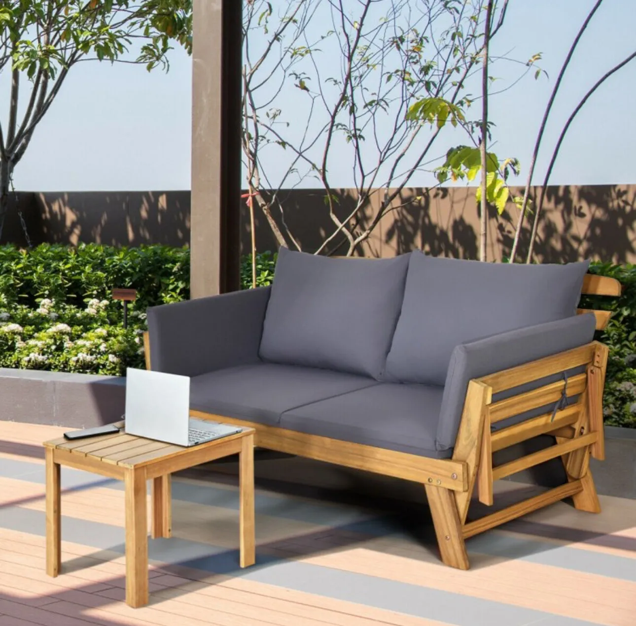 Very Relaxing 3 Adjustable Positions Outdoor Patio, Indoor Convertible Heavy Duty Sofa Couch With Thick Cushions | Acacia Wood