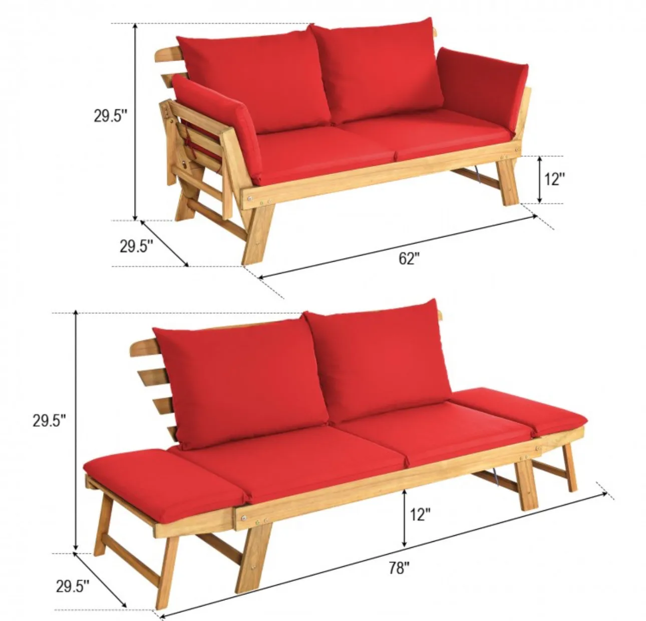 Very Relaxing 3 Adjustable Positions Outdoor Patio, Indoor Convertible Heavy Duty Sofa Couch With Thick Cushions | Acacia Wood