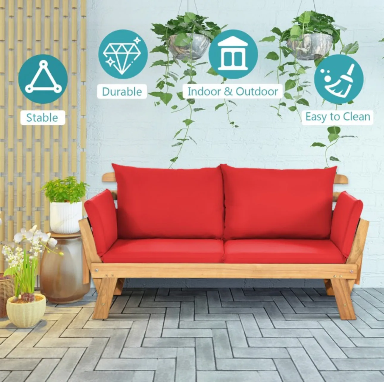 Very Relaxing 3 Adjustable Positions Outdoor Patio, Indoor Convertible Heavy Duty Sofa Couch With Thick Cushions | Acacia Wood