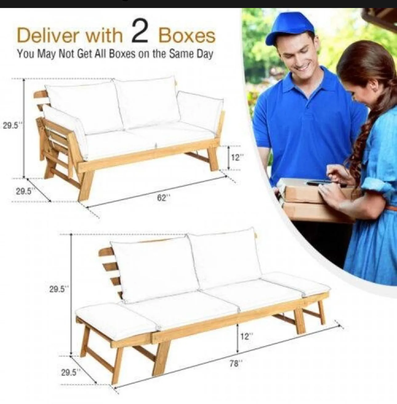 Very Relaxing 3 Adjustable Positions Outdoor Patio, Indoor Convertible Heavy Duty Sofa Couch With Thick Cushions | Acacia Wood