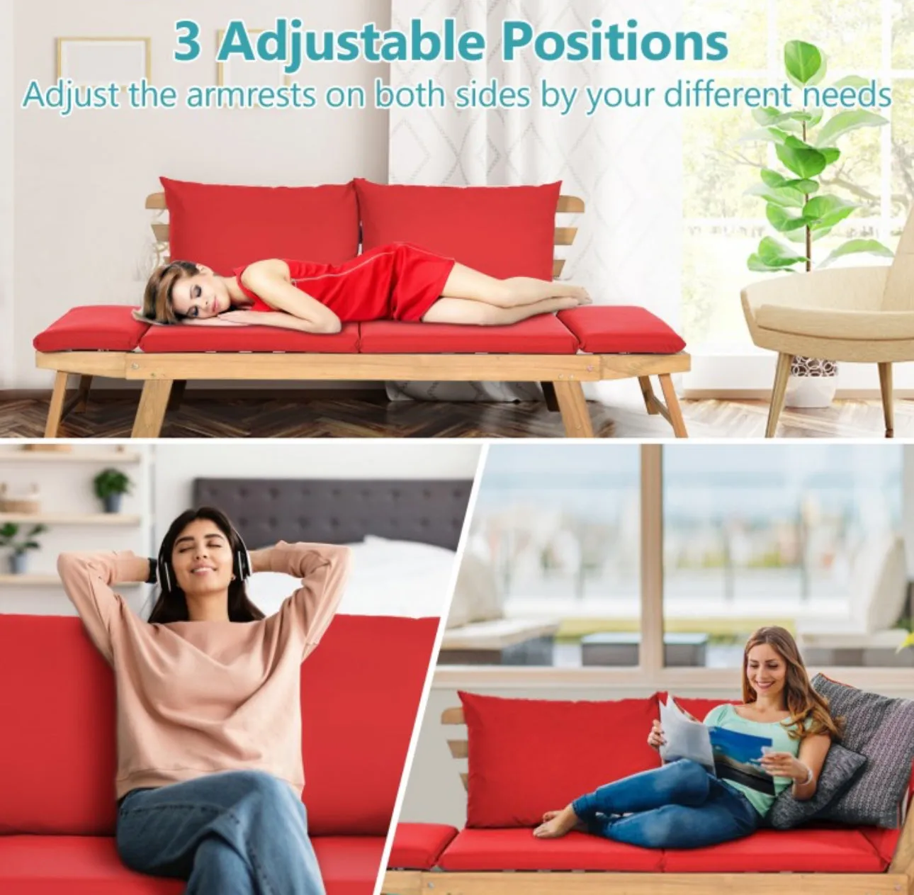 Very Relaxing 3 Adjustable Positions Outdoor Patio, Indoor Convertible Heavy Duty Sofa Couch With Thick Cushions | Acacia Wood