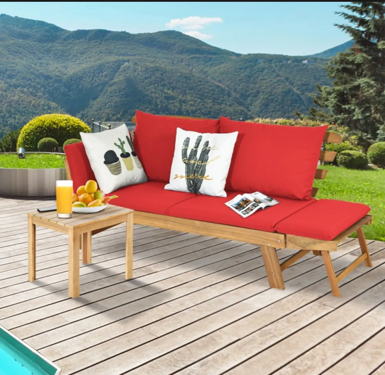 Very Relaxing 3 Adjustable Positions Outdoor Patio, Indoor Convertible Heavy Duty Sofa Couch With Thick Cushions | Acacia Wood