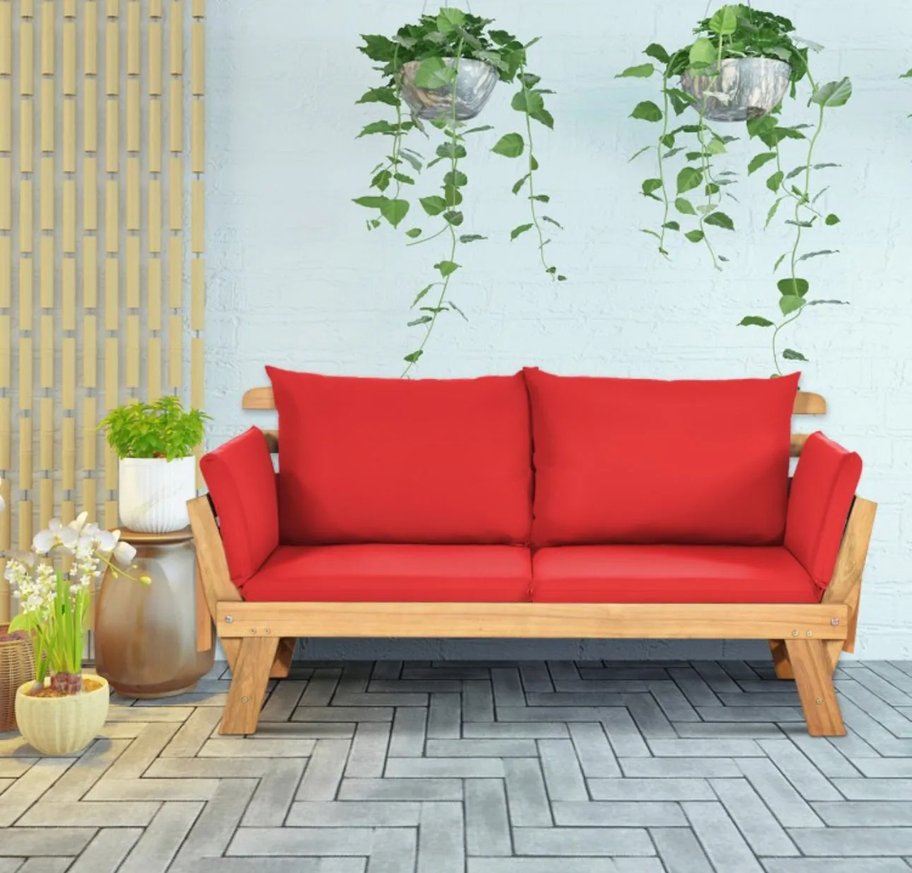 Very Relaxing 3 Adjustable Positions Outdoor Patio, Indoor Convertible Heavy Duty Sofa Couch With Thick Cushions | Acacia Wood