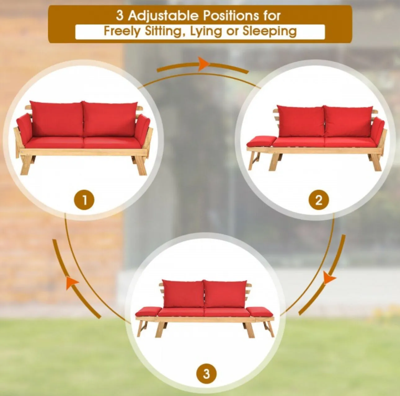 Very Relaxing 3 Adjustable Positions Outdoor Patio, Indoor Convertible Heavy Duty Sofa Couch With Thick Cushions | Acacia Wood