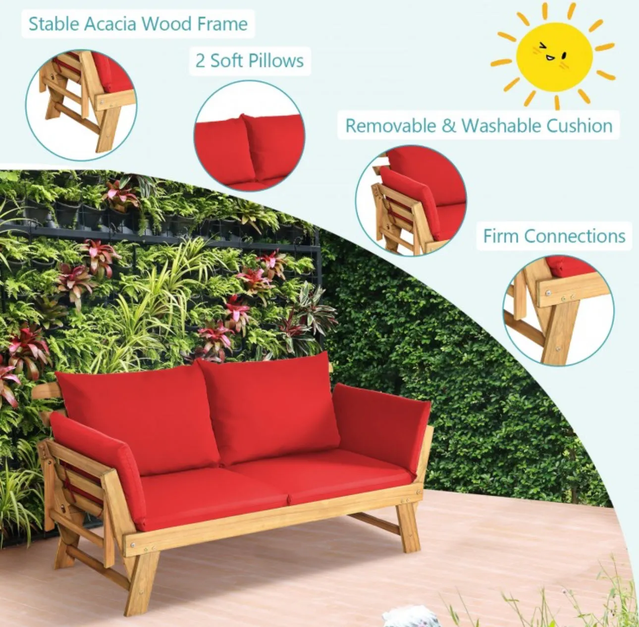 Very Relaxing 3 Adjustable Positions Outdoor Patio, Indoor Convertible Heavy Duty Sofa Couch With Thick Cushions | Acacia Wood