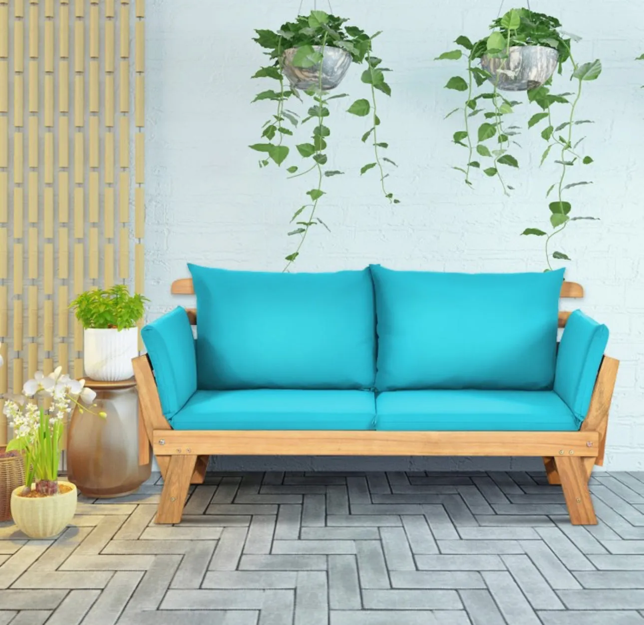Very Relaxing 3 Adjustable Positions Outdoor Patio, Indoor Convertible Heavy Duty Sofa Couch With Thick Cushions | Acacia Wood