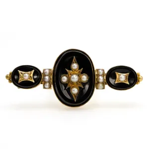 Victorian Onyx and Pearl Mourning Bar Pin in 18K Yellow Gold