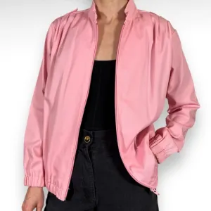 Vintage 70s Denim Bomber Jacket Pastel Bubblegum Pink Zip-Up Barbie Sz Small