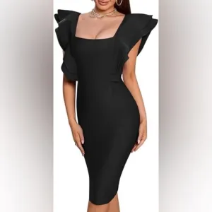 Women’s Elegant Formal Cocktail Ruffle Sleeve Square Neck Midi Dress Size M