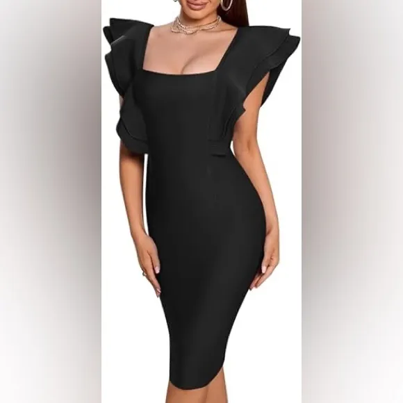 Women’s Elegant Formal Cocktail Ruffle Sleeve Square Neck Midi Dress Size M