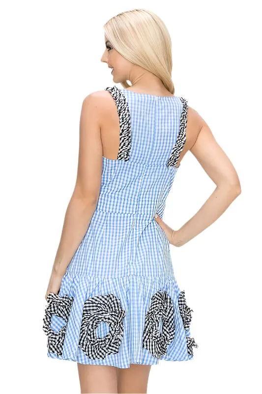Women's V Neck Sleeveless Contrast Trim Detail Gingham Mini Dress