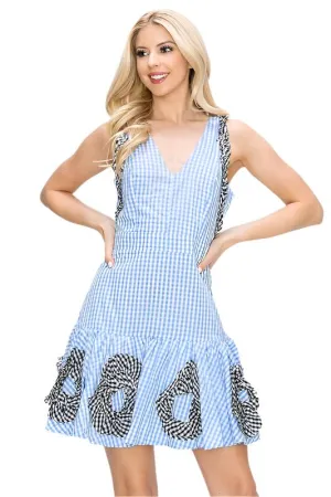 Women's V Neck Sleeveless Contrast Trim Detail Gingham Mini Dress